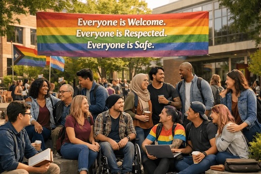 Students of different backgrounds and identities smiling together